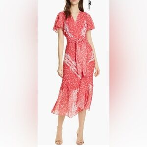 TANYA TAYLOR Blaire Floral Silk
Midi Dress Ditsy Red Stripe Guava
Pink  Sz 6